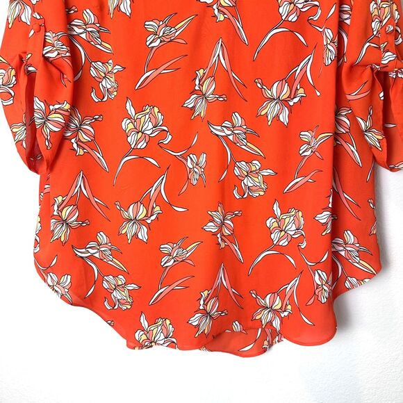 Worthington Women's Size 1X Blouse Floral Orange 3/4 Sleeve Roll- Tab Chiffon - Picture 8 of 11